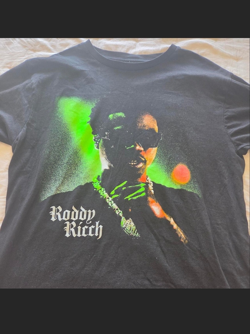 Roddy Ricch Black Short-Sleeve Graphic Tee with Neon Green Print